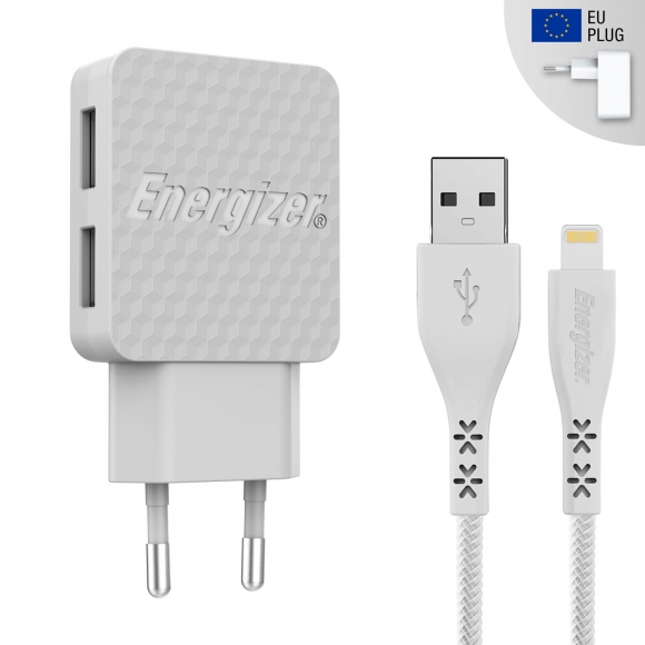 Energizer Wall charger 2Port - 3.4A - 2USB - Lifetime warranty - EU plug - Lightning cable included