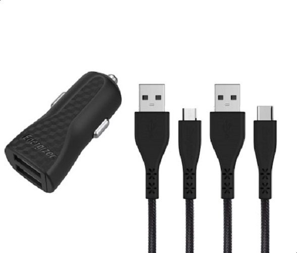 ENERGIZER CAR CHARGER LW 2.4A 2USB+USB-C2.0 +Micro Cable Bk