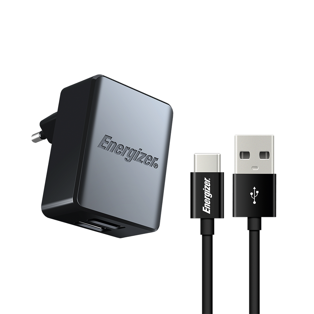 ENERGIZER WALL CHARGER 3.4A 2USB EU +USB-C2.0 Cable BLACK